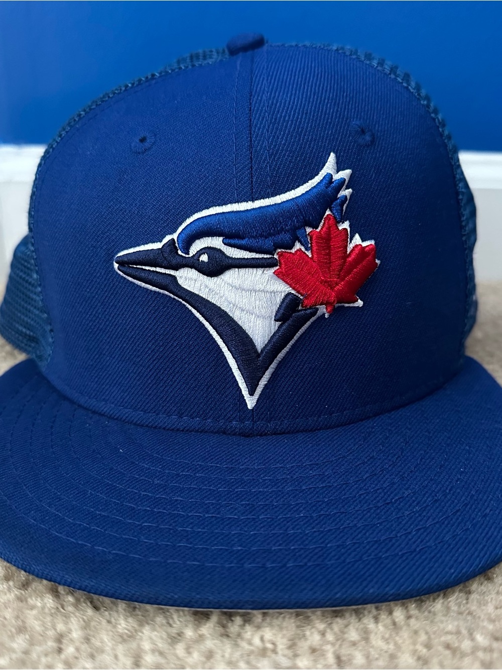 New Era Toronto Blue Jays Fitted Hat Cap Size 7 1/2 59fifty Blue Mesh Logo MLB